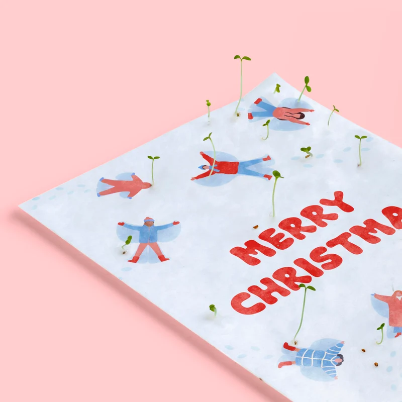 Postal Plantable Merry Christmas Snow Angels – Papel De Algodón Reciclado Con Flores - Resetea