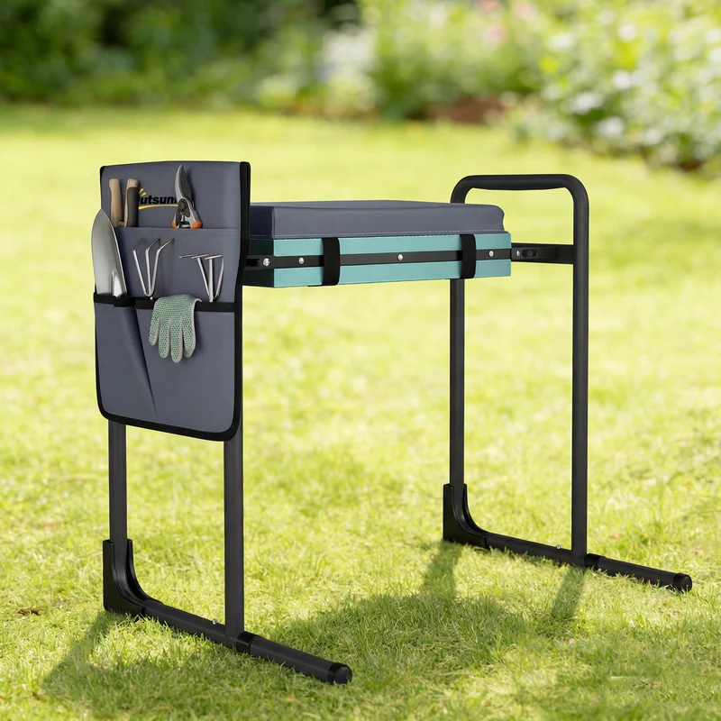 Outsunny Taburete De Jardín Plegable Con Bolsa Para Herramientas Gris Oscuro