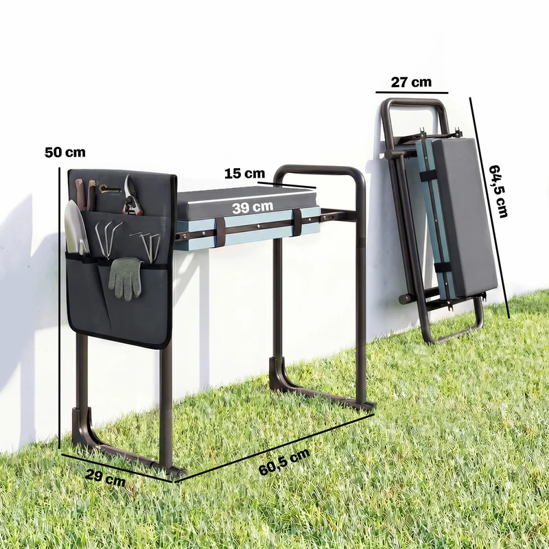 Outsunny Taburete De Jardín Plegable Con Bolsa Para Herramientas Gris Oscuro