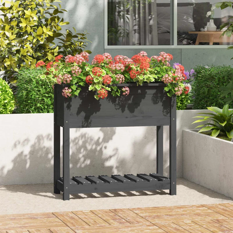 Jardinera Con Estante Madera Maciza Pino Gris 82,5x34,5x81 Cm