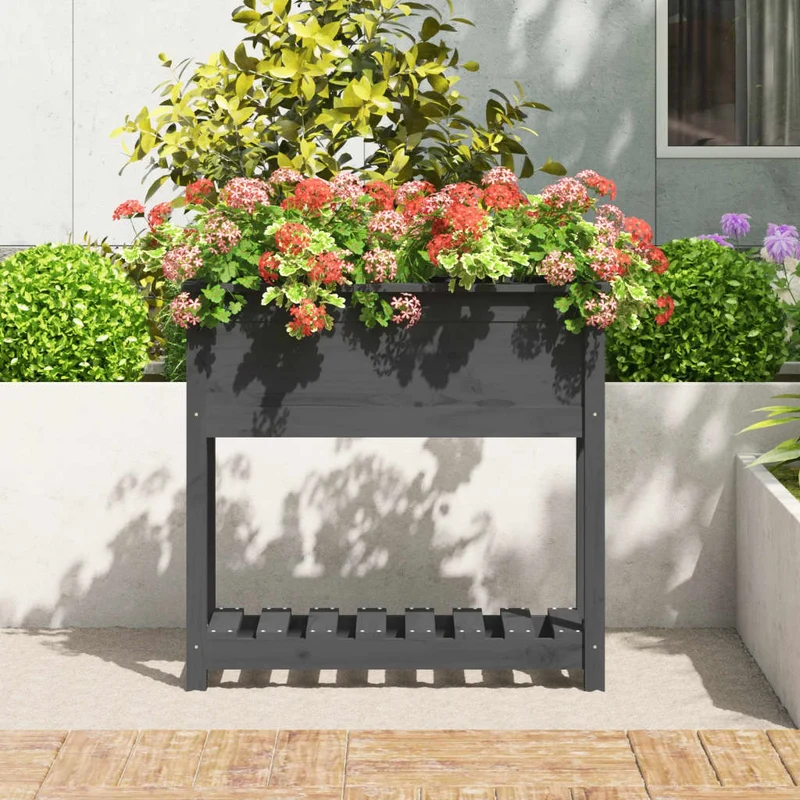 Jardinera Con Estante Madera Maciza Pino Gris 82,5x34,5x81 Cm