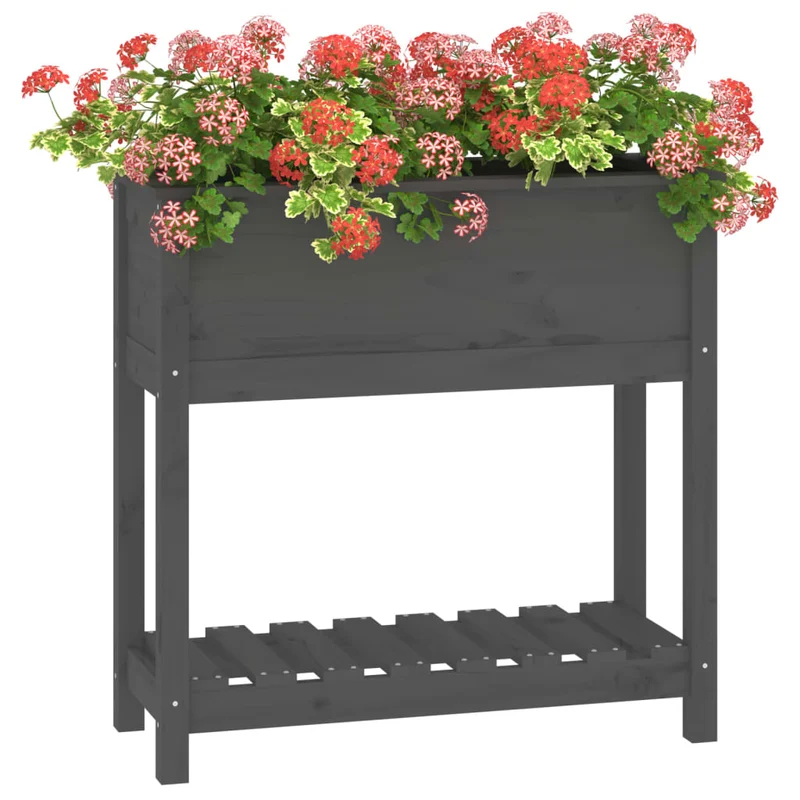 Jardinera Con Estante Madera Maciza Pino Gris 82,5x34,5x81 Cm
