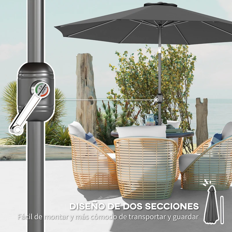 Outsunny Sombrilla De Jardín Ø295x250 Cm Con Manivela E Inclinación Gris Oscuro
