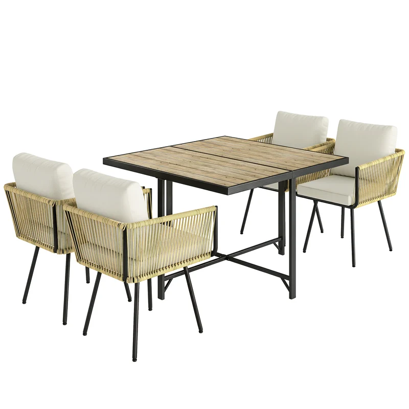 Outsunny Conjunto De Mesa Y Sillas Jardín De Ratán 5 Piezas Con Cojines Beige