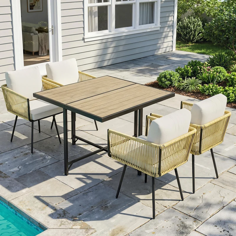 Outsunny Conjunto De Mesa Y Sillas Jardín De Ratán 5 Piezas Con Cojines Beige