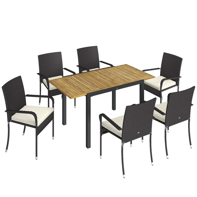 Outsunny Conjunto De Mesa Y Sillas Jardín De Ratán 7 Piezas Con Cojines Crema