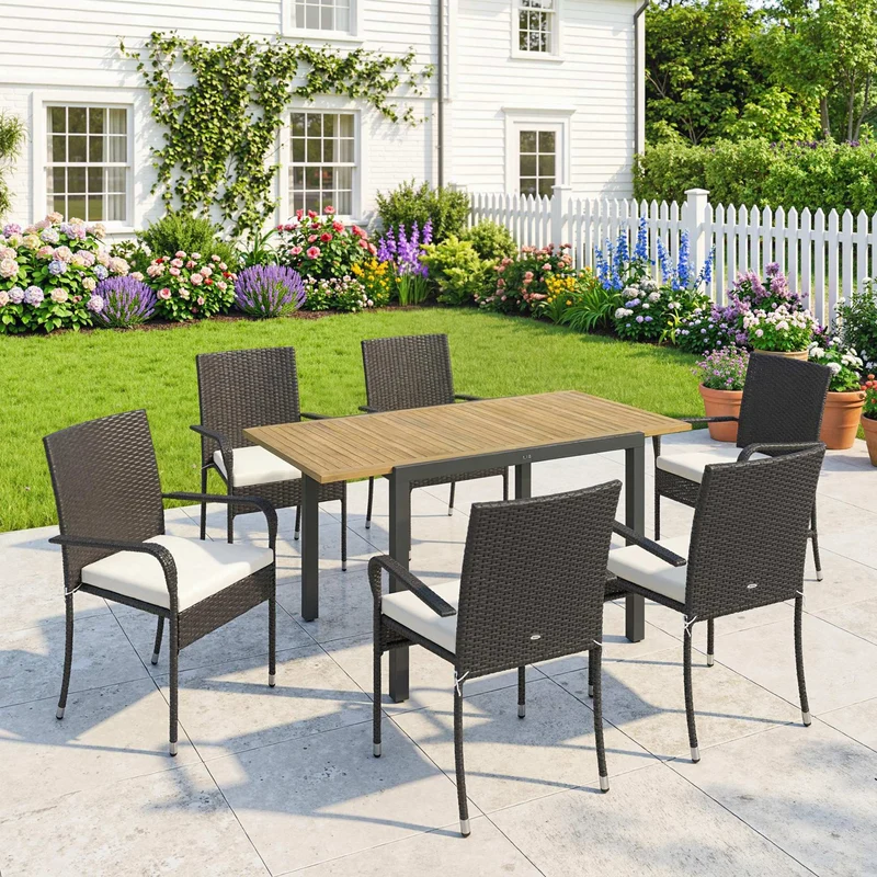 Outsunny Conjunto De Mesa Y Sillas Jardín De Ratán 7 Piezas Con Cojines Crema