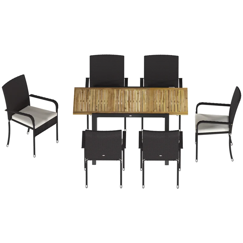 Outsunny Conjunto De Mesa Y Sillas Jardín De Ratán 7 Piezas Con Cojines Crema