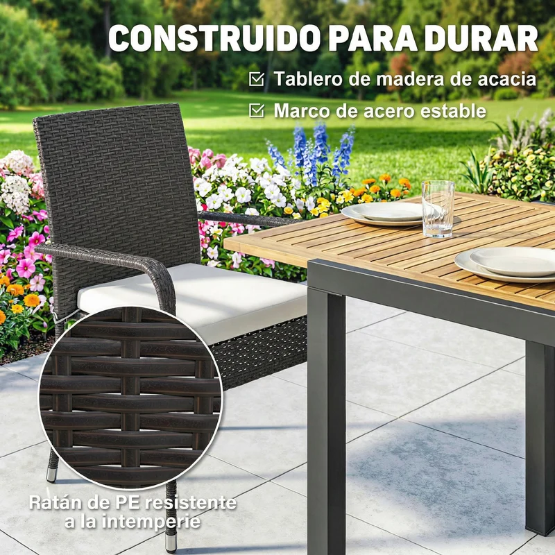 Outsunny Conjunto De Mesa Y Sillas Jardín De Ratán 7 Piezas Con Cojines Crema