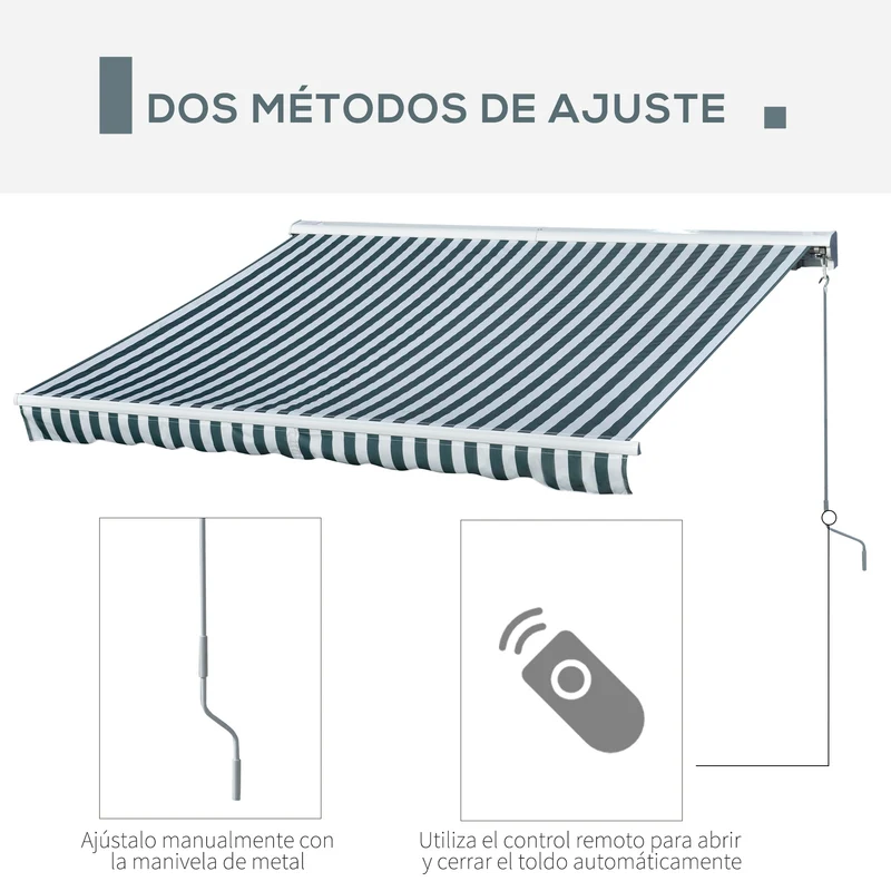 Outsunny Toldo Eléctrico Retráctil con Función Manual con Manivela y Mando a Distancia 300x250 cm para Ventanas Puertas de Rayas Verde y Blanco