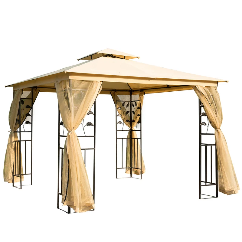 Outsunny Cenador de Jardín 3x3x2,8 m Gazebo Carpas para Exterior Grandes con Doble Techo Mosquiteras y Marco de Acero para Patio Fiesta Beige