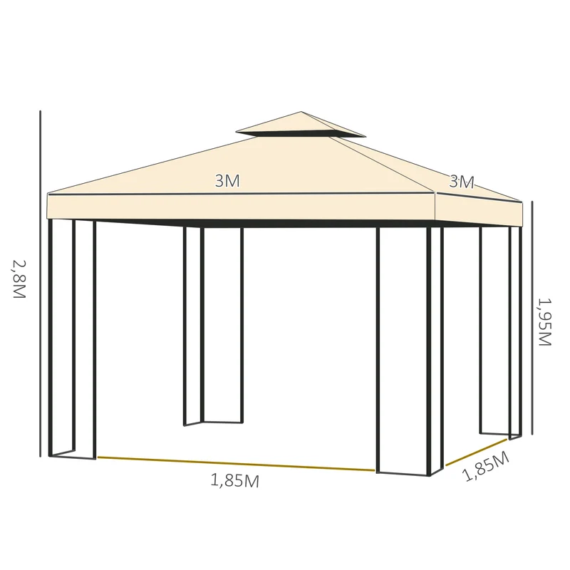 Outsunny Cenador de Jardín 3x3x2,8 m Gazebo Carpas para Exterior Grandes con Doble Techo Mosquiteras y Marco de Acero para Patio Fiesta Beige