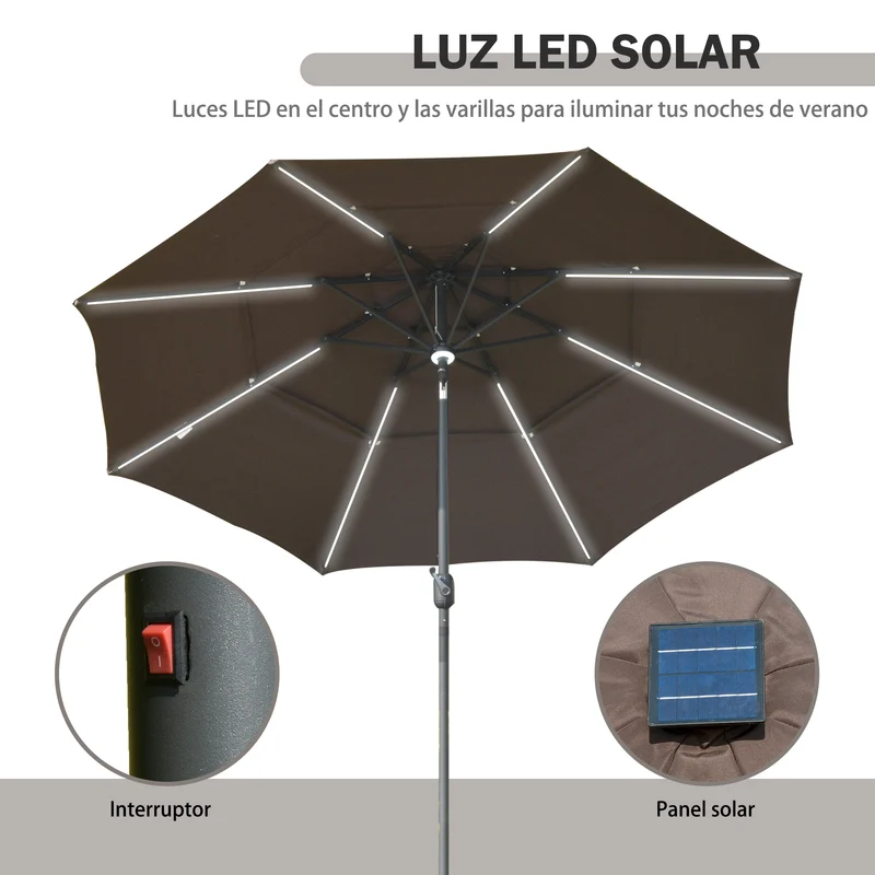 Outsunny Sombrilla de Jardín Ø300x250cm con Luces LED y Panel Solar Manivela Ángulo Ajustable en 3 Posiciones Parasol para Patio Terraza Piscina Café