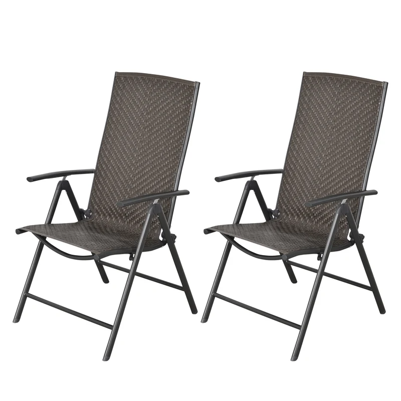 Outsunny Set de 2 Sillas Plegables de Ratán Jardín con Respaldo Alto y Ajustable de 7 Posiciones para Patio Terraza Exteriores 57x67,5x104 cm Gris