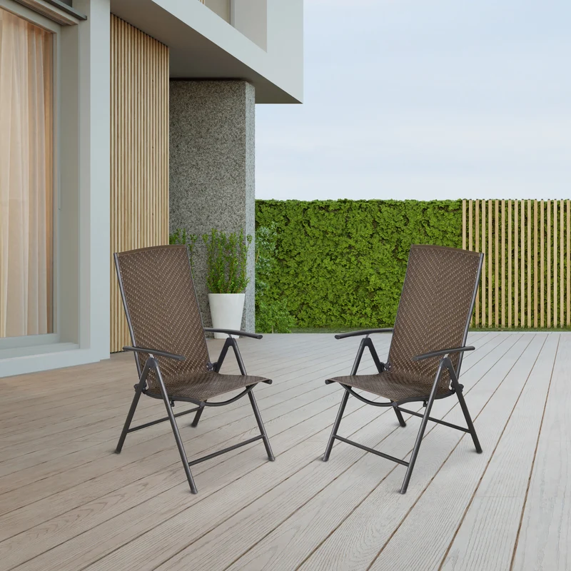 Outsunny Set de 2 Sillas Plegables de Ratán Jardín con Respaldo Alto y Ajustable de 7 Posiciones para Patio Terraza Exteriores 57x67,5x104 cm Gris