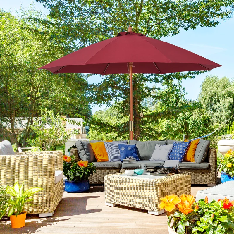Outsunny Sombrilla Parasol con Poste Desmontable de Madera Ángulo Ajustable Ventilación Sistema de Polea para Exterior Jardín Patio Piscina Terraza Ø257x253 cm Rojo Vino