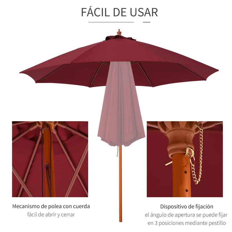 Outsunny Sombrilla Parasol con Poste Desmontable de Madera Ángulo Ajustable Ventilación Sistema de Polea para Exterior Jardín Patio Piscina Terraza Ø257x253 cm Rojo Vino