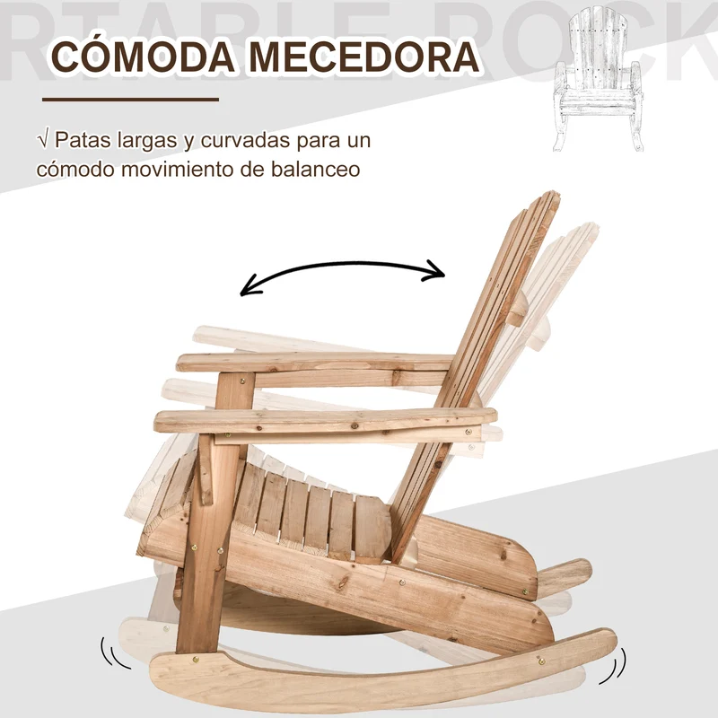 Outsunny Sillón Mecedora Silla Adirondack de Madera Natural 77x94x97 cm para Jardín Terraza Exterior de Estilo Rústico Carga 130kg Color Teca