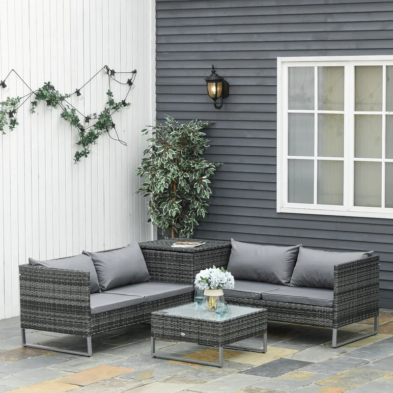 Outsunny Conjunto de 4 Muebles de Jardín de Ratán con 2 Sofás Dobles Mesa Central Mesa con Arcón Cojines Extraíbles para Terraza Exterior 132x69x64 cm Gris
