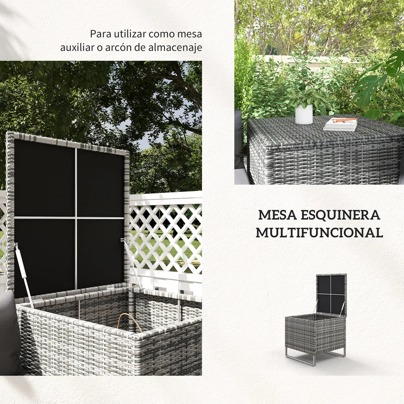 Outsunny Conjunto de 4 Muebles de Jardín de Ratán con 2 Sofás Dobles Mesa Central Mesa con Arcón Cojines Extraíbles para Terraza Exterior 132x69x64 cm Gris