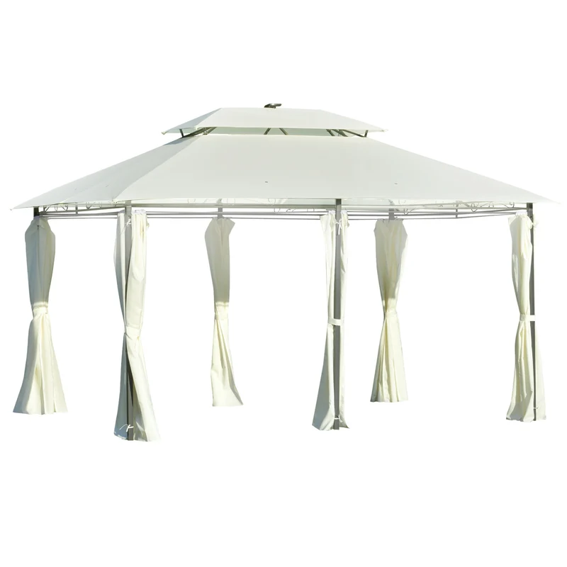 Outsunny Carpa de Jardín con Luces LED Solar 4x3 m Cenador con Doble Techo 6 Cortinas Laterales y Marco de Acero para Patio Terraza Color Crema