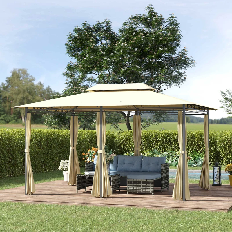 Outsunny Cenador para Jardín 3x4 m Pérgola de Jardín Gazebo con Doble Techo Paredes Laterales Resistente al Agua Carpa para Exterior Terraza Patio Crema