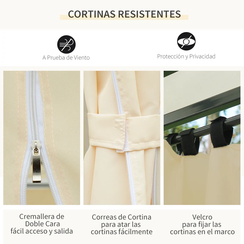 Outsunny Cenador para Jardín 3x4 m Pérgola de Jardín Gazebo con Doble Techo Paredes Laterales Resistente al Agua Carpa para Exterior Terraza Patio Crema