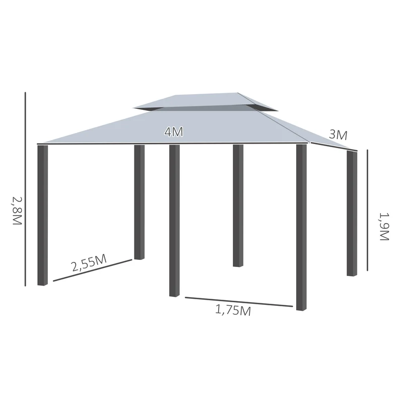 Outsunny Cenador para Jardín 3x4 m Pérgola de Jardín Gazebo con Doble Techo Paredes Laterales Resistente al Agua Carpa para Exterior Terraza Patio Gris