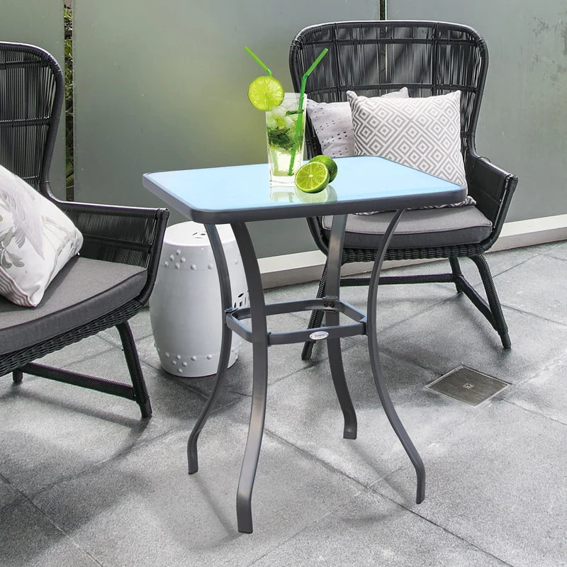 Outsunny Mesa Auxiliar de Cristal Templado Cuadrada Bordes Redondeados Mesita Café para Patio Terraza Balcón Negro y Transparente 68,5x68,5x84 cm