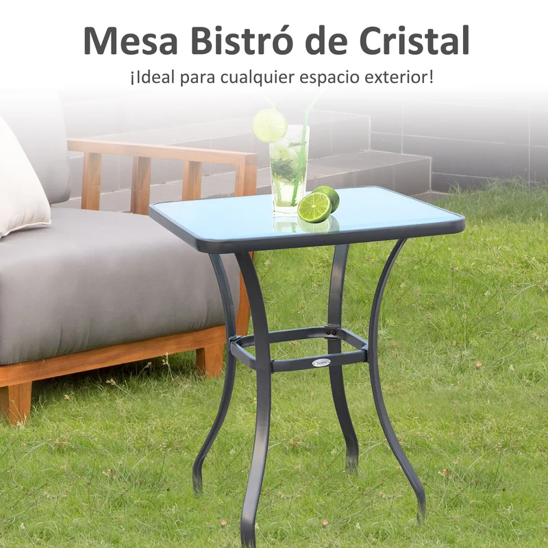 Outsunny Mesa Auxiliar de Cristal Templado Cuadrada Bordes Redondeados Mesita Café para Patio Terraza Balcón Negro y Transparente 68,5x68,5x84 cm