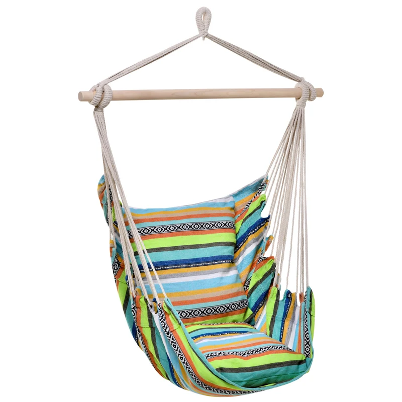 Outsunny Silla Hamaca Colgante de Algodón Silla Colgante con 2 Cojines 100x100 cm Carga 100 kg para Interior y Exterior Multicolor