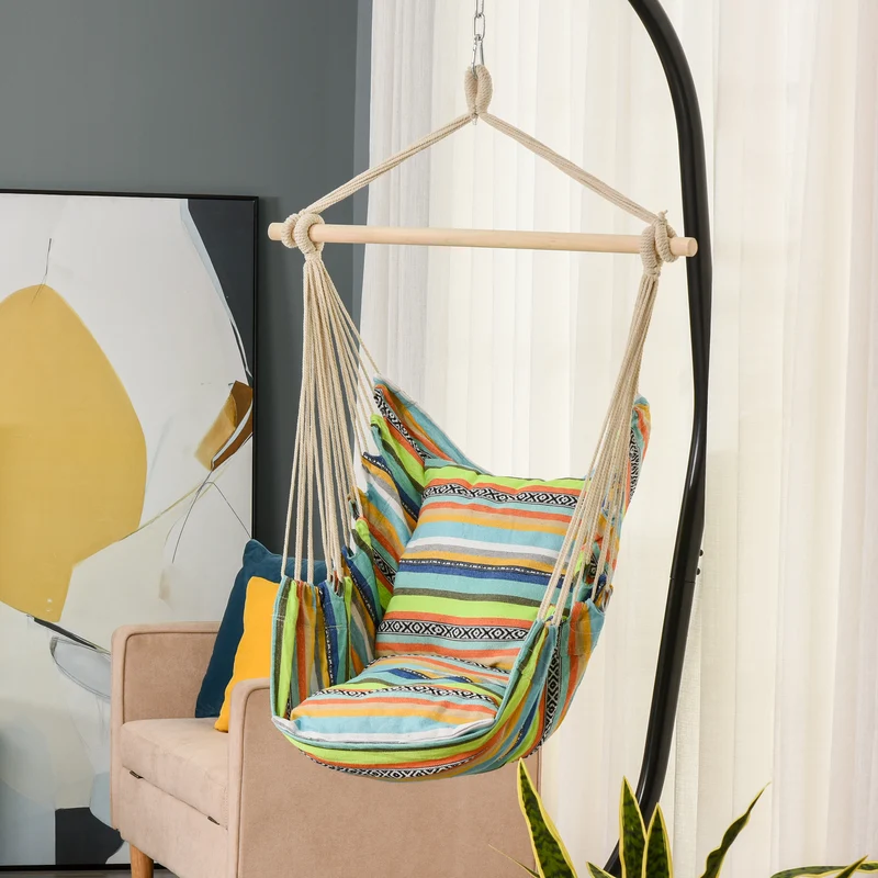 Outsunny Silla Hamaca Colgante de Algodón Silla Colgante con 2 Cojines 100x100 cm Carga 100 kg para Interior y Exterior Multicolor