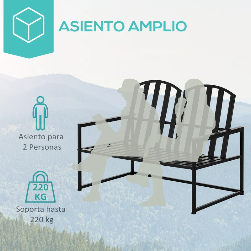 Outsunny Banco de Jardín de 2 Plazas Metal con Respaldo Alto y Reposabrazos para Exterior Parque Patio Terraza Estilo Rústico Carga Máx. 220 kg 108x63x80,5 cm Negro