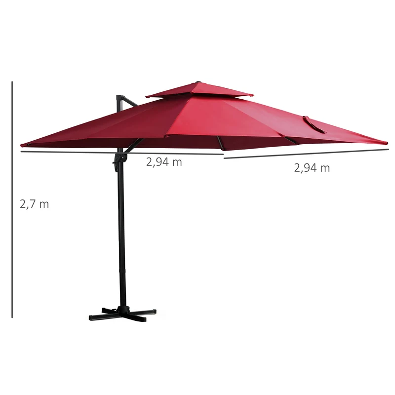 Outsunny Sombrilla de Jardín 300x300 cm Parasol de Aluminio con Manivela Poste Giratorio 360° Doble Techo Inclinable en 6 Posiciones y Base Cruzada Incluida Rojo