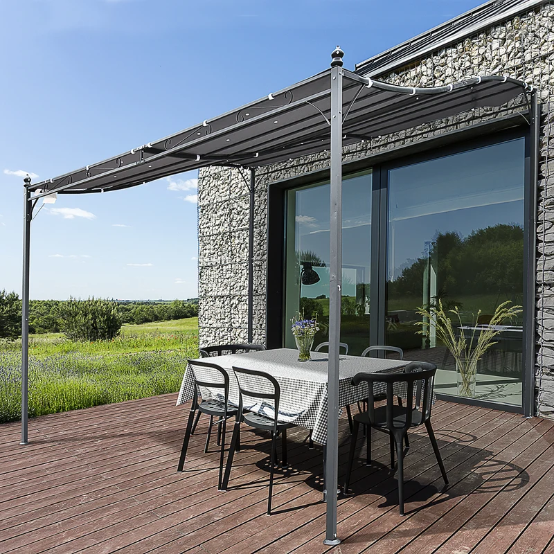 Outsunny Cenador de Jardín 3x3 m Pérgola con Toldo y 16 Orificios de Drenaje para Patio Terraza Metal y Poliéster 180 g/m² Resistente Gris