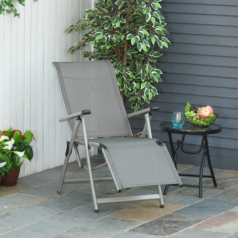 Outsunny Tumbona Plegable de Jardín Sillón Silla de Playa Ajustable en 10 Posiciones con Respaldo Alto y Reposapiés Transpirable Carga Máx. 120 kg 78x58x110 cm Gris