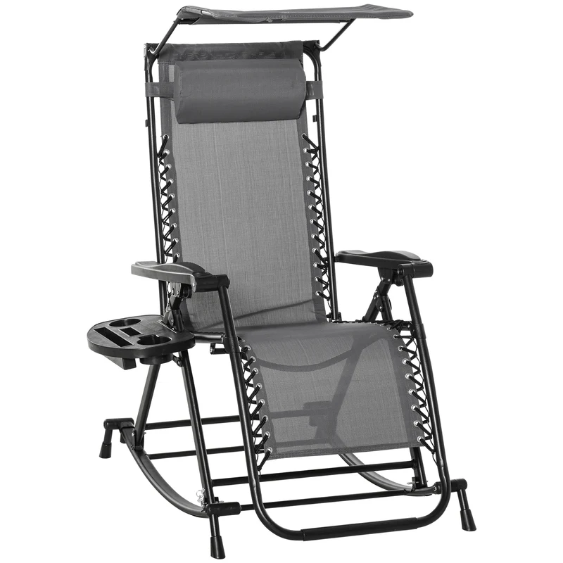Outsunny Silla Mecedora de Jardín Plegable Tumbona Reclinable con Techo Protección Solar Reposacabezas Extraíble y Reposapiés Estructura de Acero 120x67x102 cm Gris