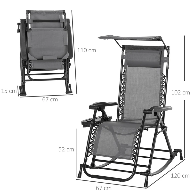 Outsunny Silla Mecedora de Jardín Plegable Tumbona Reclinable con Techo Protección Solar Reposacabezas Extraíble y Reposapiés Estructura de Acero 120x67x102 cm Gris