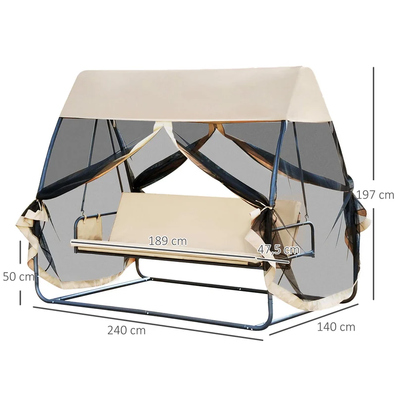 Outsunny Columpio de Jardín 3 Plazas Convertible en Cama con Mosquitera de Puertas Espacio de Almacenaje Terraza Balcón Exterior 240x140x197 cm Acero Carga Máx. 300 kg Crema