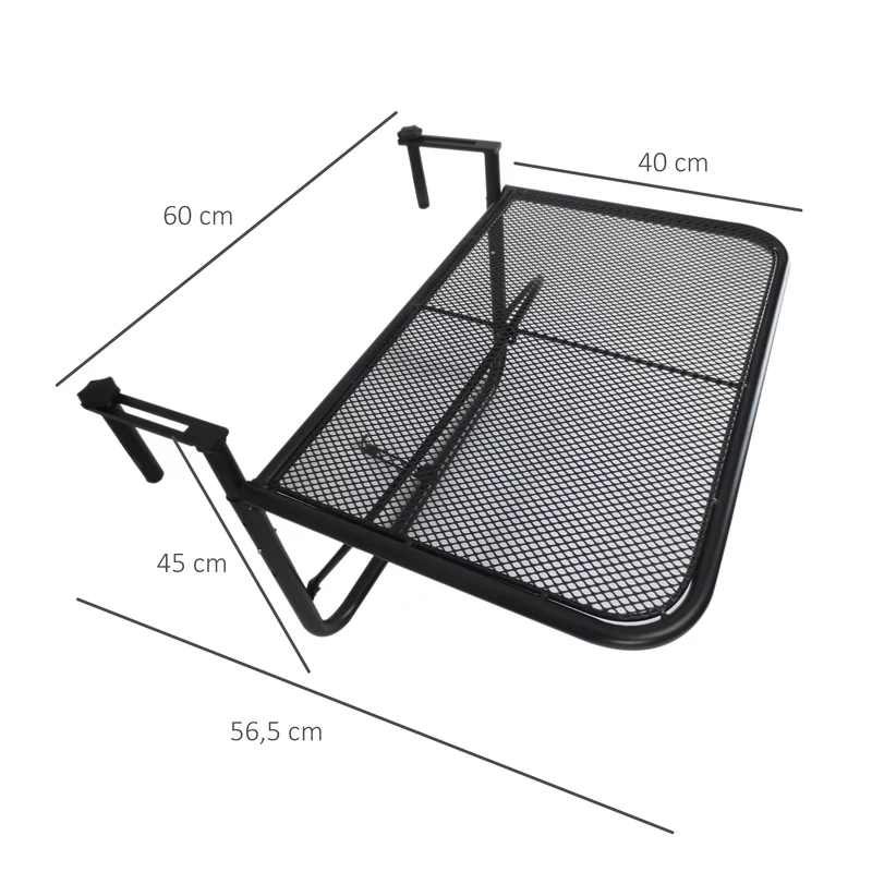 Outsunny Mesa Colgante de Balcón con Brazo Regulable y Altura Ajustable en 3 Posiciones Marco Metálico Carga Máx. 30 kg 60x56,5x45 cm Negro