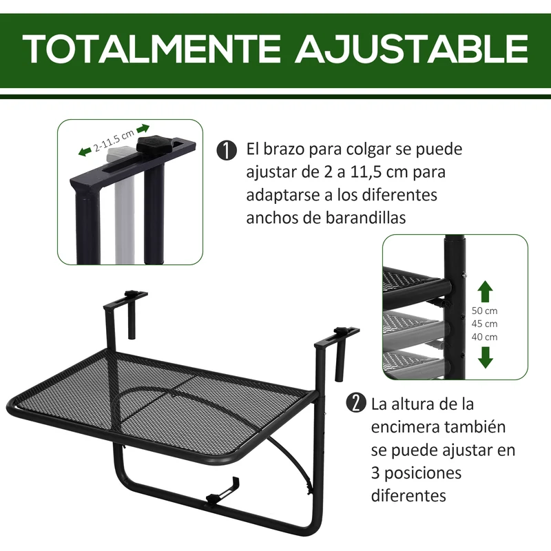 Outsunny Mesa Colgante de Balcón con Brazo Regulable y Altura Ajustable en 3 Posiciones Marco Metálico Carga Máx. 30 kg 60x56,5x45 cm Negro