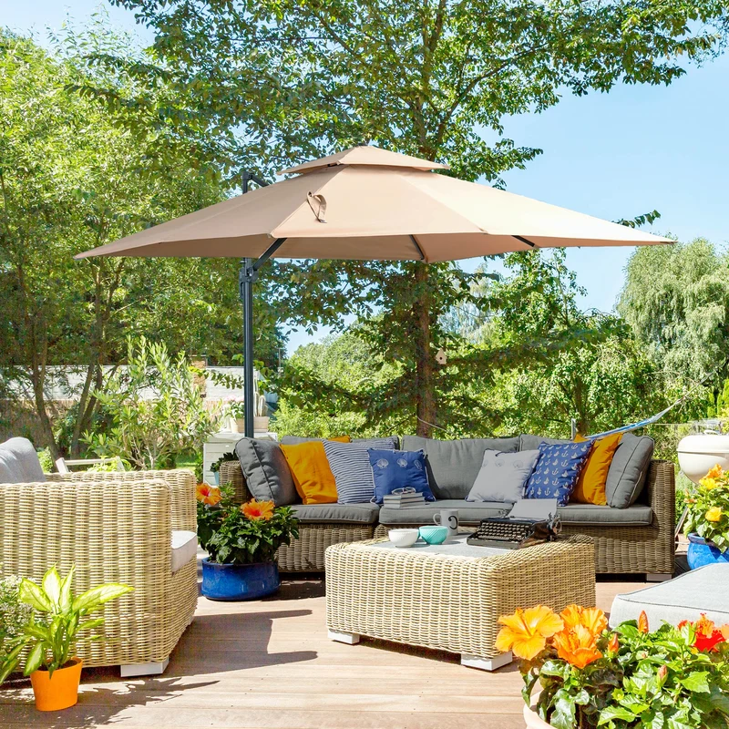 Outsunny Sombrilla de Jardín 300x300 cm Parasol de Aluminio con Manivela Poste Giratorio 360° Doble Techo Inclinable en 6 Posiciones y Base Cruzada Incluida Caqui
