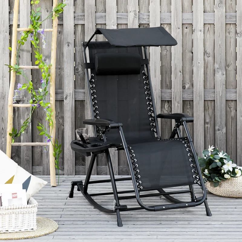 Outsunny Silla Mecedora de Jardín Plegable Tumbona Reclinable con Techo Protección Solar Reposacabezas Extraíble y Reposapiés Estructura de Acero 120x67x102 cm Negro