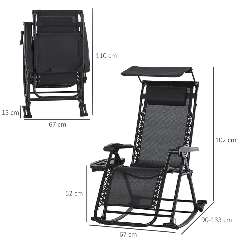 Outsunny Silla Mecedora de Jardín Plegable Tumbona Reclinable con Techo Protección Solar Reposacabezas Extraíble y Reposapiés Estructura de Acero 120x67x102 cm Negro