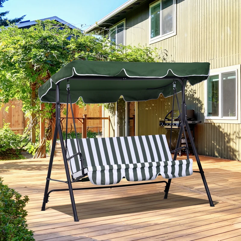 Outsunny Columpio de Jardín de 3 Plazas Silla Balancín con Parasol Techo Ajustable en Ángulo Impermeable para Exterior Terraza Balcón Carga Máx. 200 kg Acero 172x110x153 cm Verde