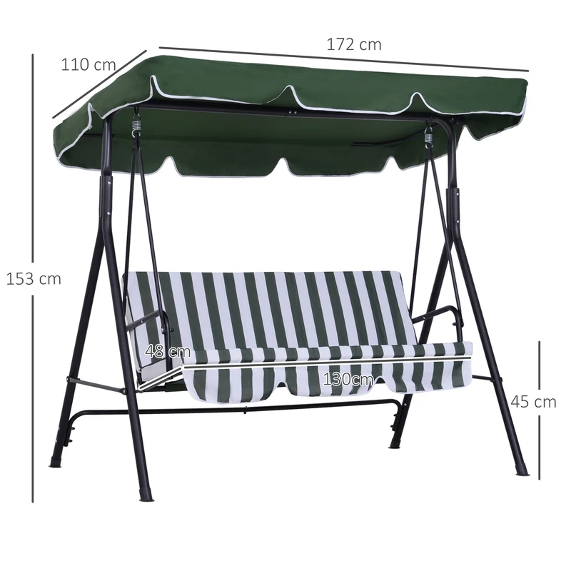 Outsunny Columpio de Jardín de 3 Plazas Silla Balancín con Parasol Techo Ajustable en Ángulo Impermeable para Exterior Terraza Balcón Carga Máx. 200 kg Acero 172x110x153 cm Verde