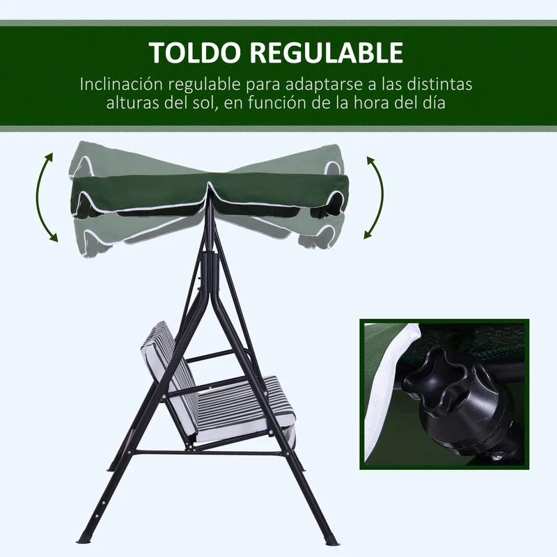 Outsunny Columpio de Jardín de 3 Plazas Silla Balancín con Parasol Techo Ajustable en Ángulo Impermeable para Exterior Terraza Balcón Carga Máx. 200 kg Acero 172x110x153 cm Verde