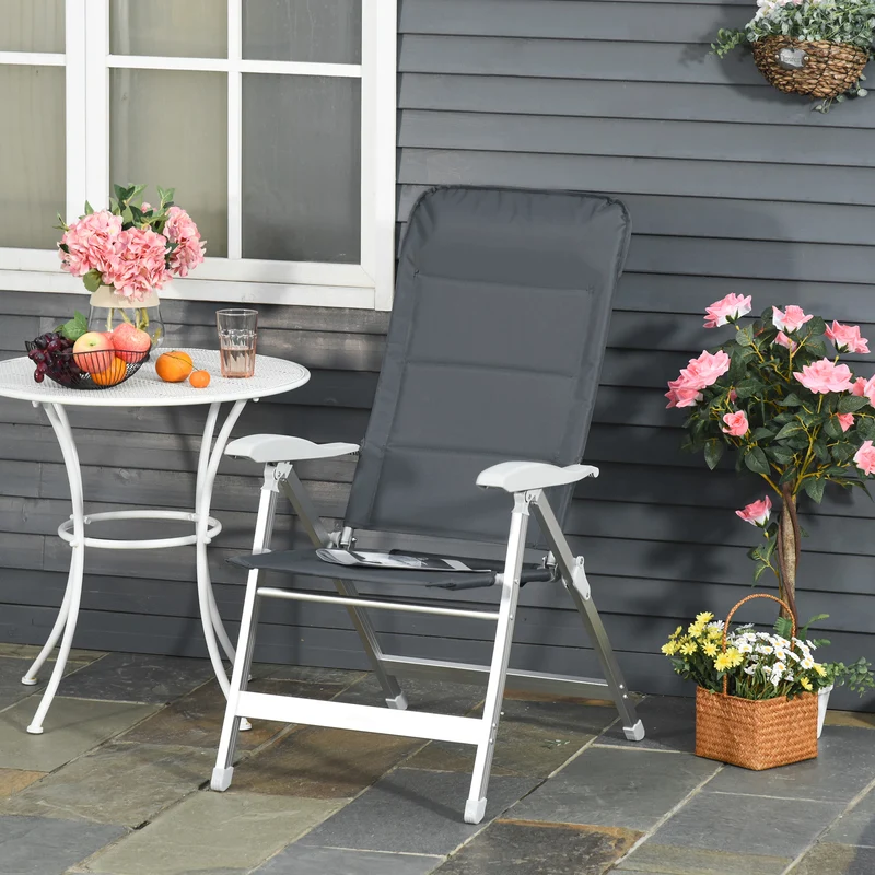 Outsunny Silla de Jardín Plegable Portátil de Aluminio con Respaldo Alto Ajustable en 7 Posiciones y Reposacabezas Acolchado para Exterior Terraza Camping 75x61,5x114,5 cm Gris