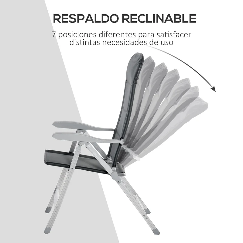 Outsunny Silla de Jardín Plegable Portátil de Aluminio con Respaldo Alto Ajustable en 7 Posiciones y Reposacabezas Acolchado para Exterior Terraza Camping 75x61,5x114,5 cm Gris