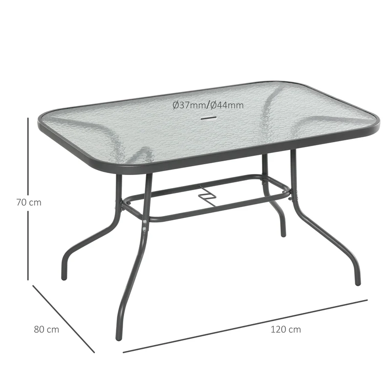 Outsunny Mesa de Jardín Exterior Rectangular de Metal Bordes Curvos con Orificio para Sombrilla Capacidad 70kg Vidrio Templado 120x80x70 cm Gris Carbón